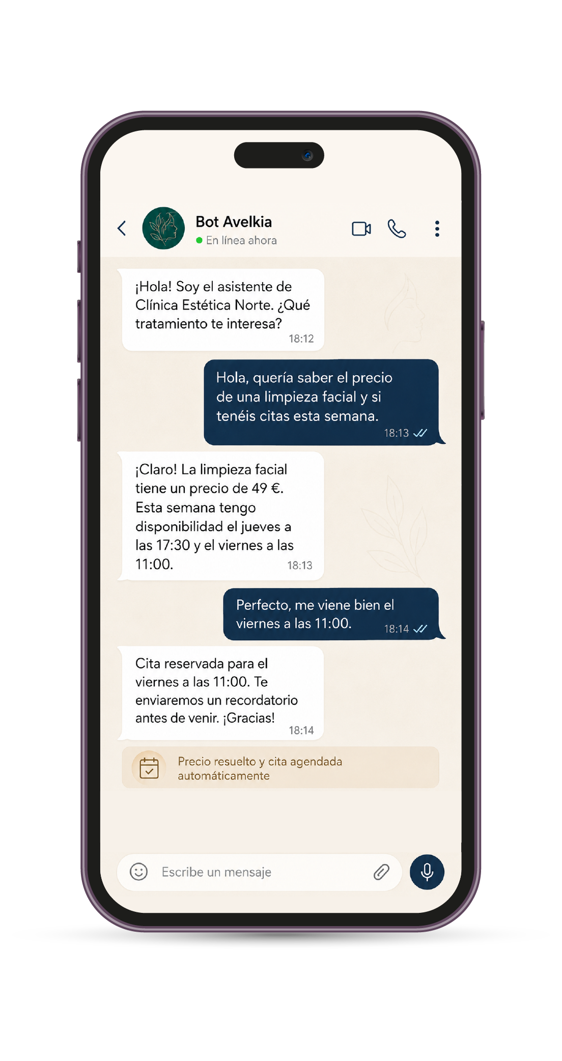 Conversación de WhatsApp automatizada para reservar una cita de estética